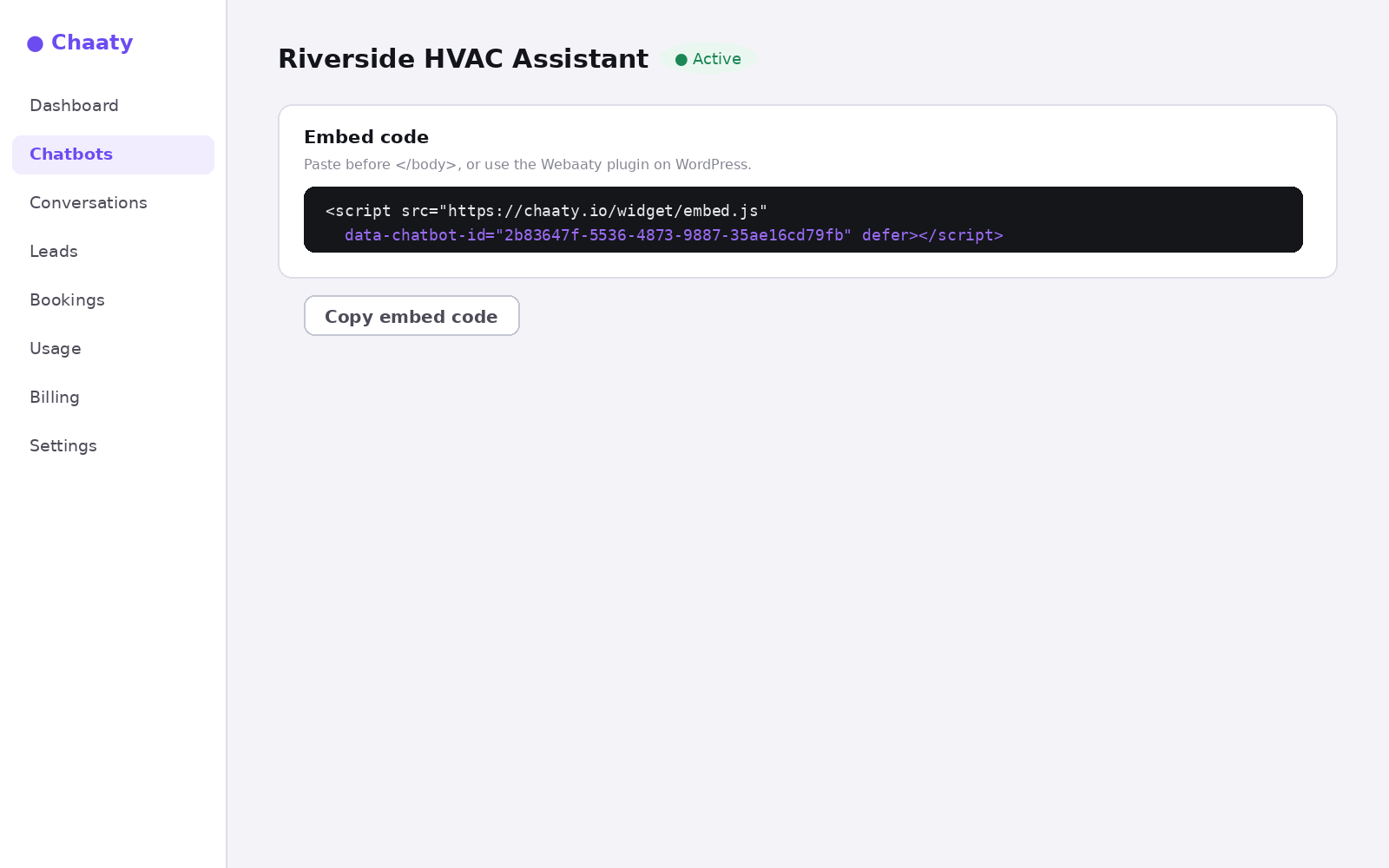 The embed code in the Chaaty dashboard