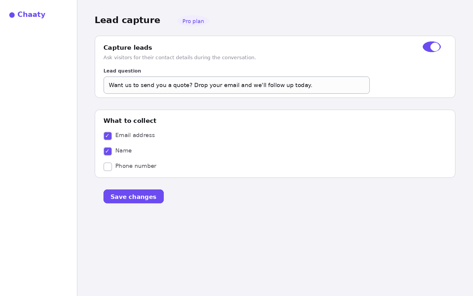 Lead capture settings in the dashboard