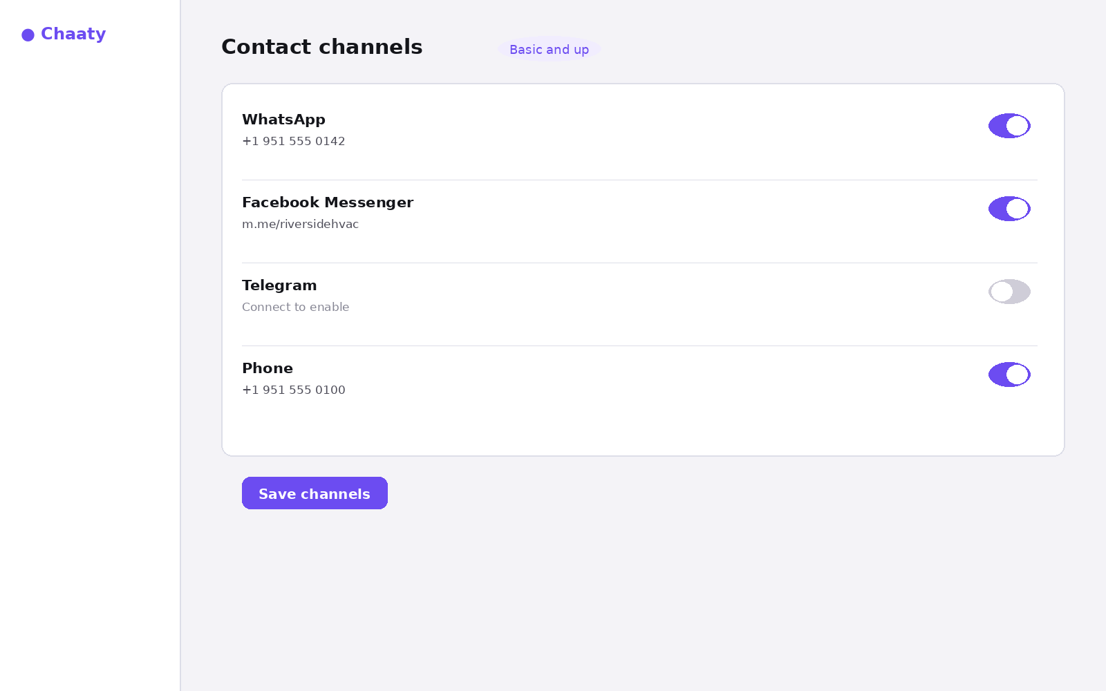 The contact channels screen