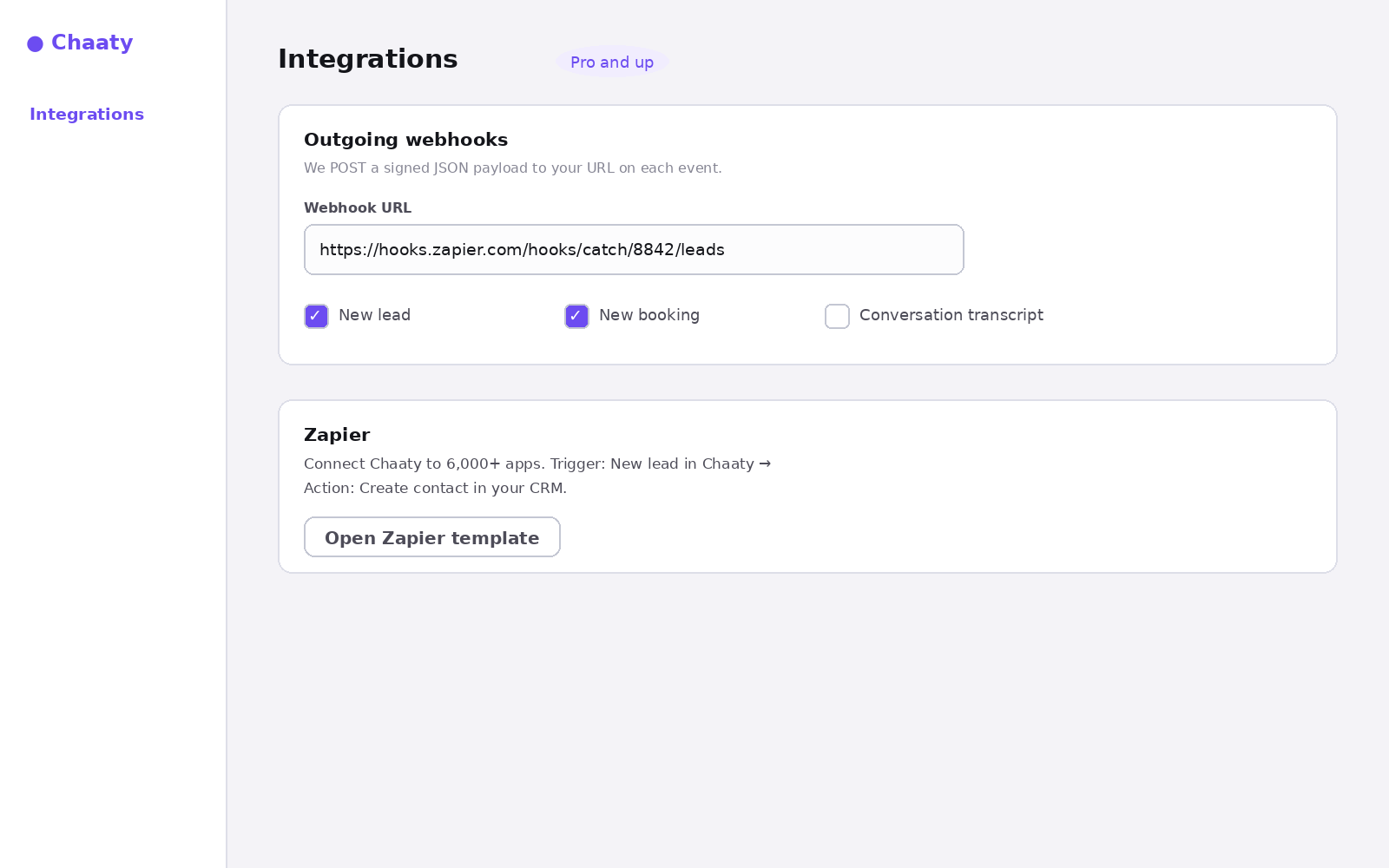 Chaaty's integrations screen pointing at a Zapier catch hook