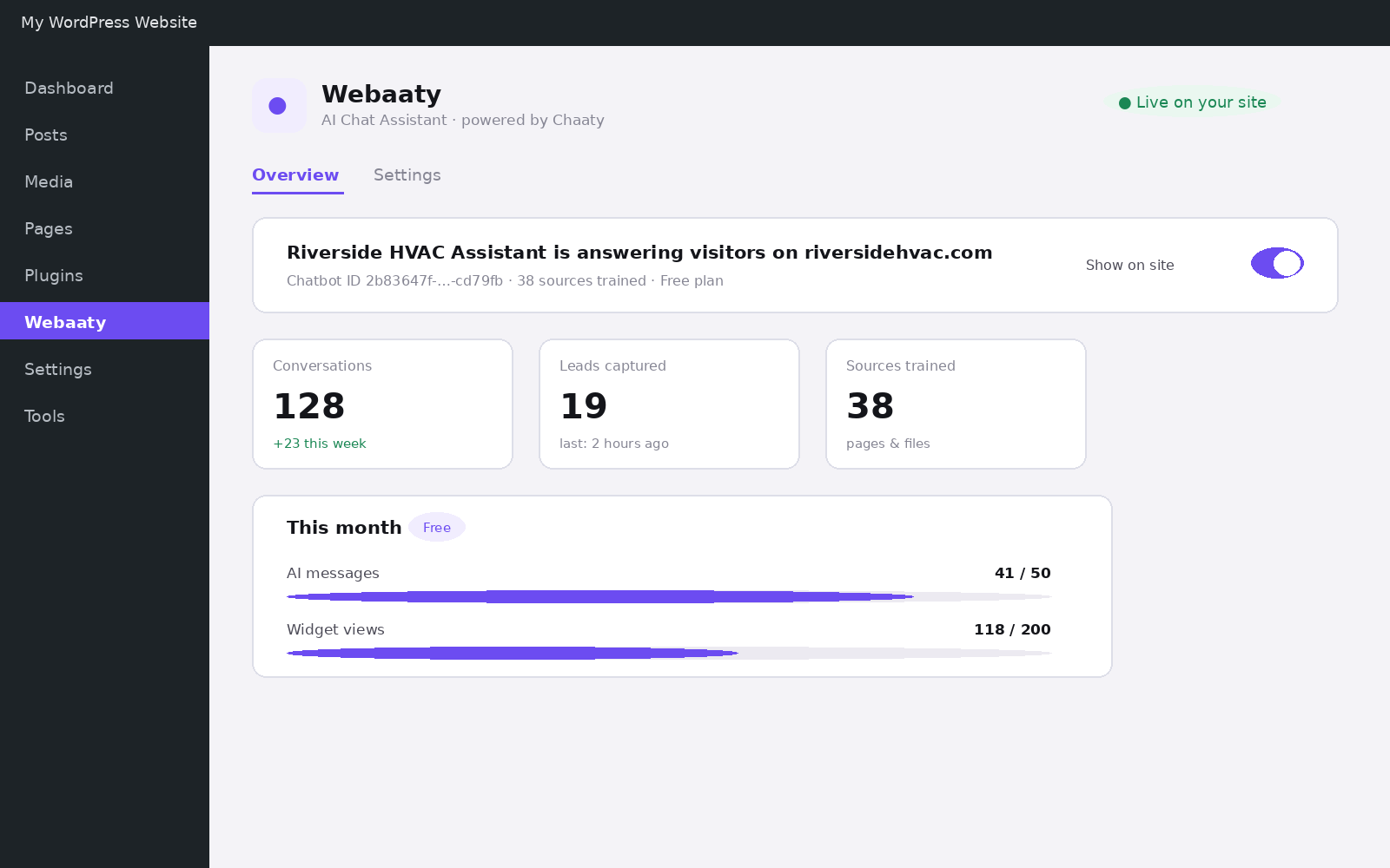 The Show on site toggle in the Webaaty overview