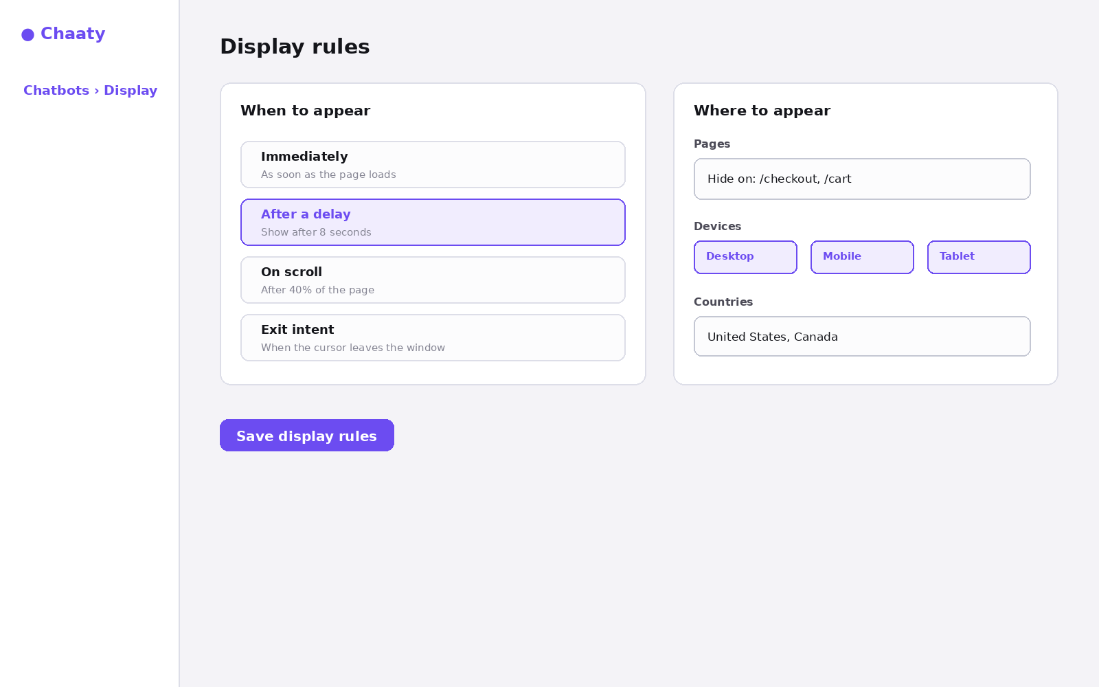 Where-to-appear rules: pages, devices, countries